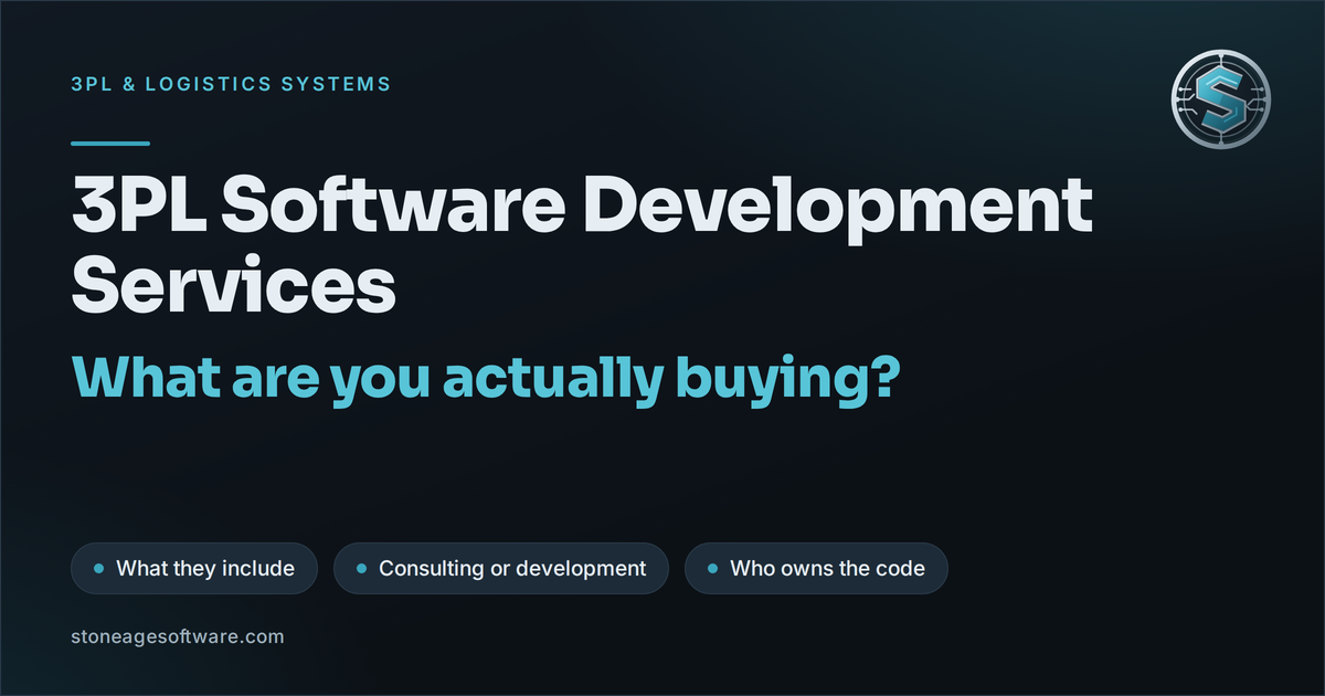 Cover image reading 3PL software development services: what are you actually buying, with markers for what they include, consulting or development, and who owns the code, plus the Stone Age Software logo.