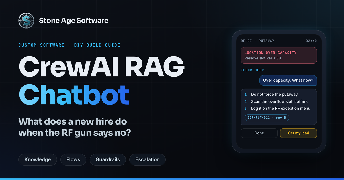 Cover graphic reading CrewAI RAG Chatbot, asking what a new hire does when the RF gun says no, beside a handheld showing a cited answer to an over-capacity error.