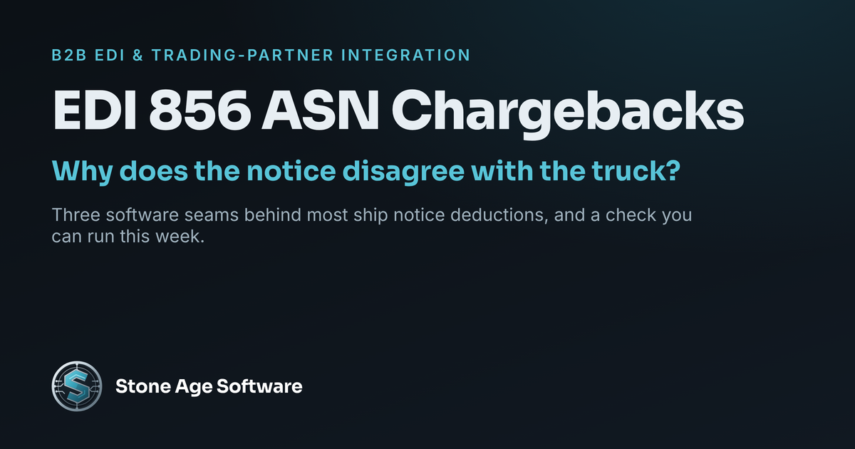 Cover image with the headline EDI 856 ASN Chargebacks: why does the notice disagree with the truck, on the Stone Age Software dark navy theme.