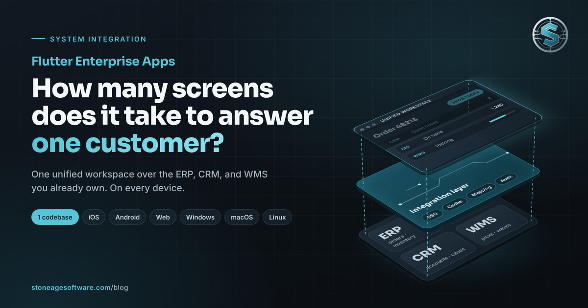 Cover graphic reading Flutter Enterprise Apps: How many screens does it take to answer one customer, with a glass workspace layer floating over an integration layer and ERP, CRM, and WMS systems.