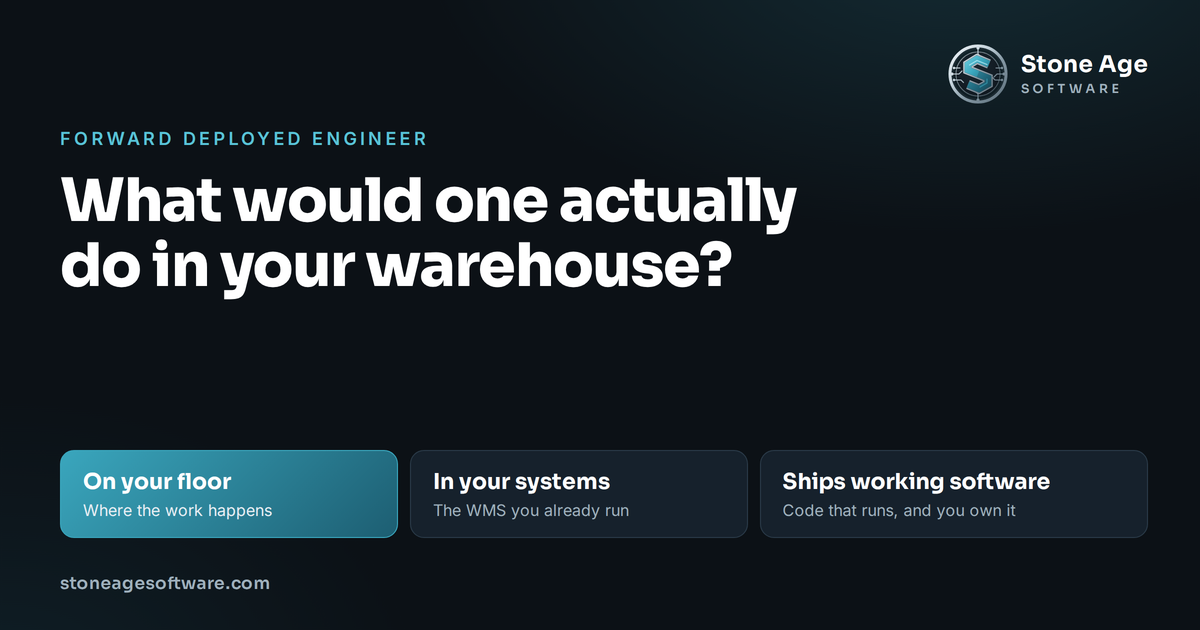 Cover image reading forward deployed engineer: what would one actually do in your warehouse, with three markers for on your floor, in your systems, and ships working software, and the Stone Age Software logo.