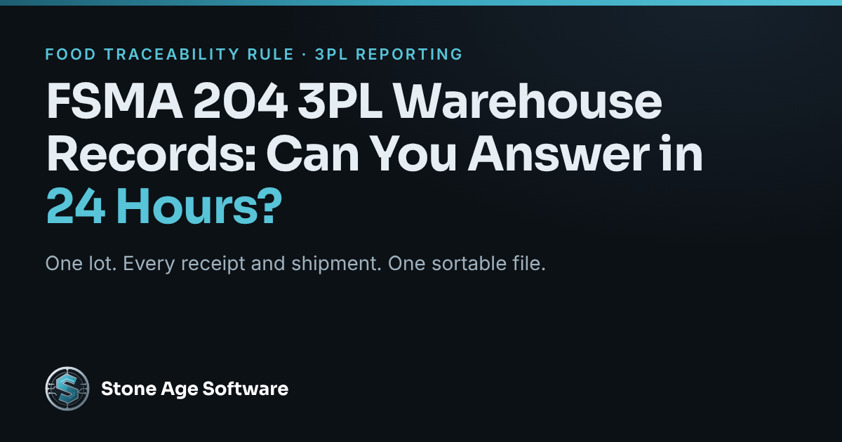 Cover graphic reading FSMA 204 3PL Warehouse Records: Can You Answer in 24 Hours, with the Stone Age Software logo.