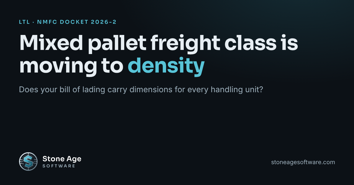 Stone Age Software cover reading: Mixed pallet freight class is moving to density.