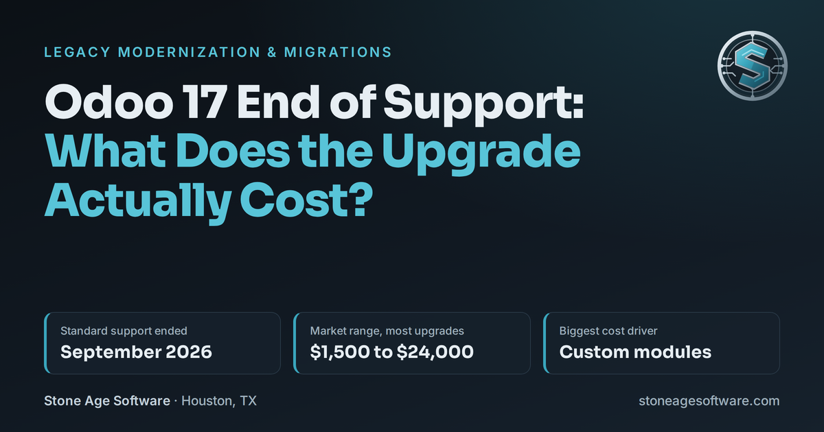 Cover image reading Odoo 17 End of Support: What Does the Upgrade Actually Cost, with support date and market price range.