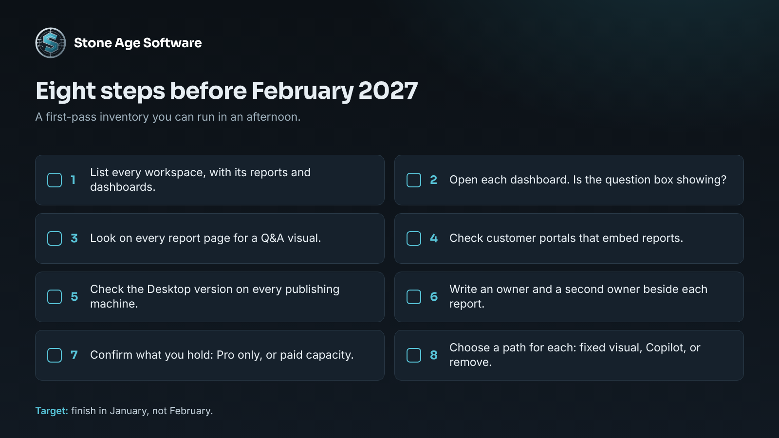 Checklist of eight steps to inventory Power BI reports before the Q&A retirement, from listing workspaces to choosing a replacement.
