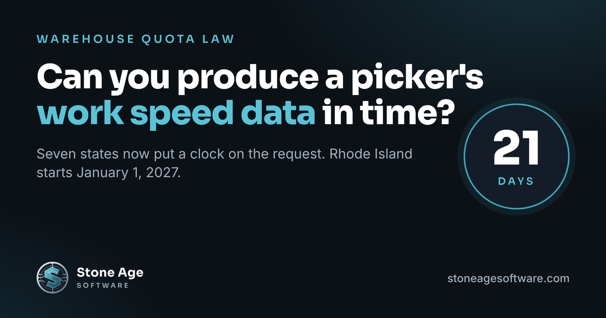 Stone Age Software cover graphic asking whether a warehouse can produce a picker's work speed data in time, with a 21-day clock.
