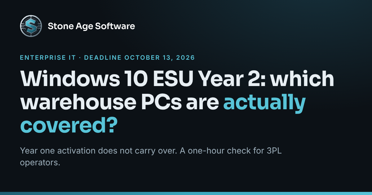 Cover image reading Windows 10 ESU Year 2: which warehouse PCs are actually covered, with the Stone Age Software logo and an October 13, 2026 deadline.