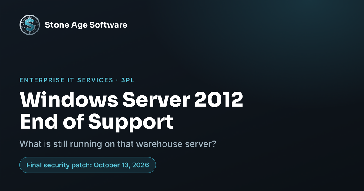 Stone Age Software cover reading Windows Server 2012 End of Support, with the final security patch date of October 13, 2026.