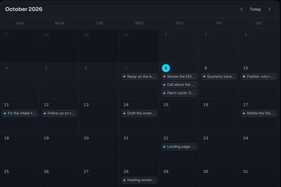 The calendar view of the same tasks, one month at a glance, with an Unscheduled tray on the right to drag cards onto a day