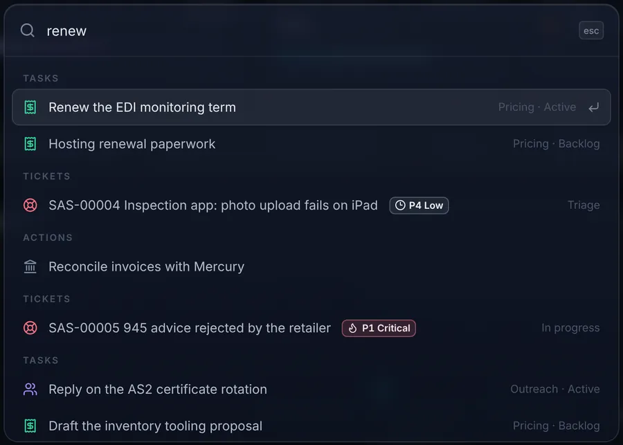 The command menu over a blurred board, listing tasks, tickets and actions that match the word typed