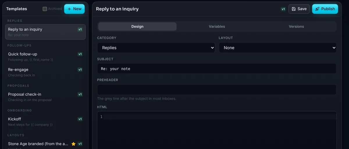 The Mail module's template library: replies, follow-ups, proposals, onboarding and the branded layout down the left, one template open in the editor