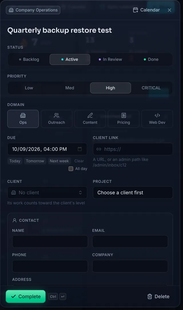 A task's slide-over panel: status, priority and domain switches, a due picker, a client link, and a contact block