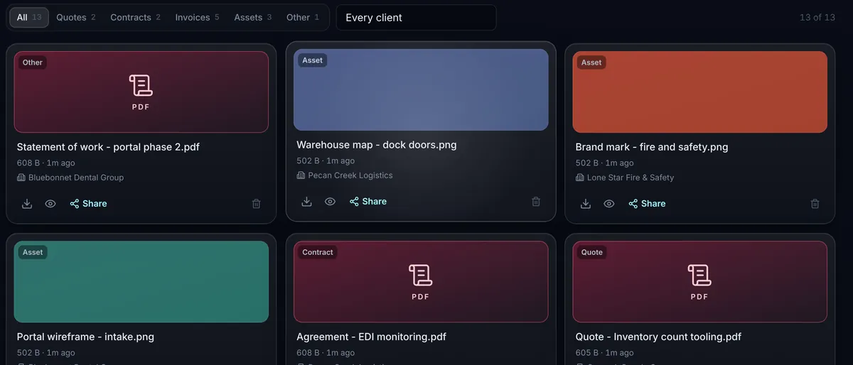 The Vault: a drop zone, category filters, and a grid of quotes, contracts, invoices and image assets filed under invented clients